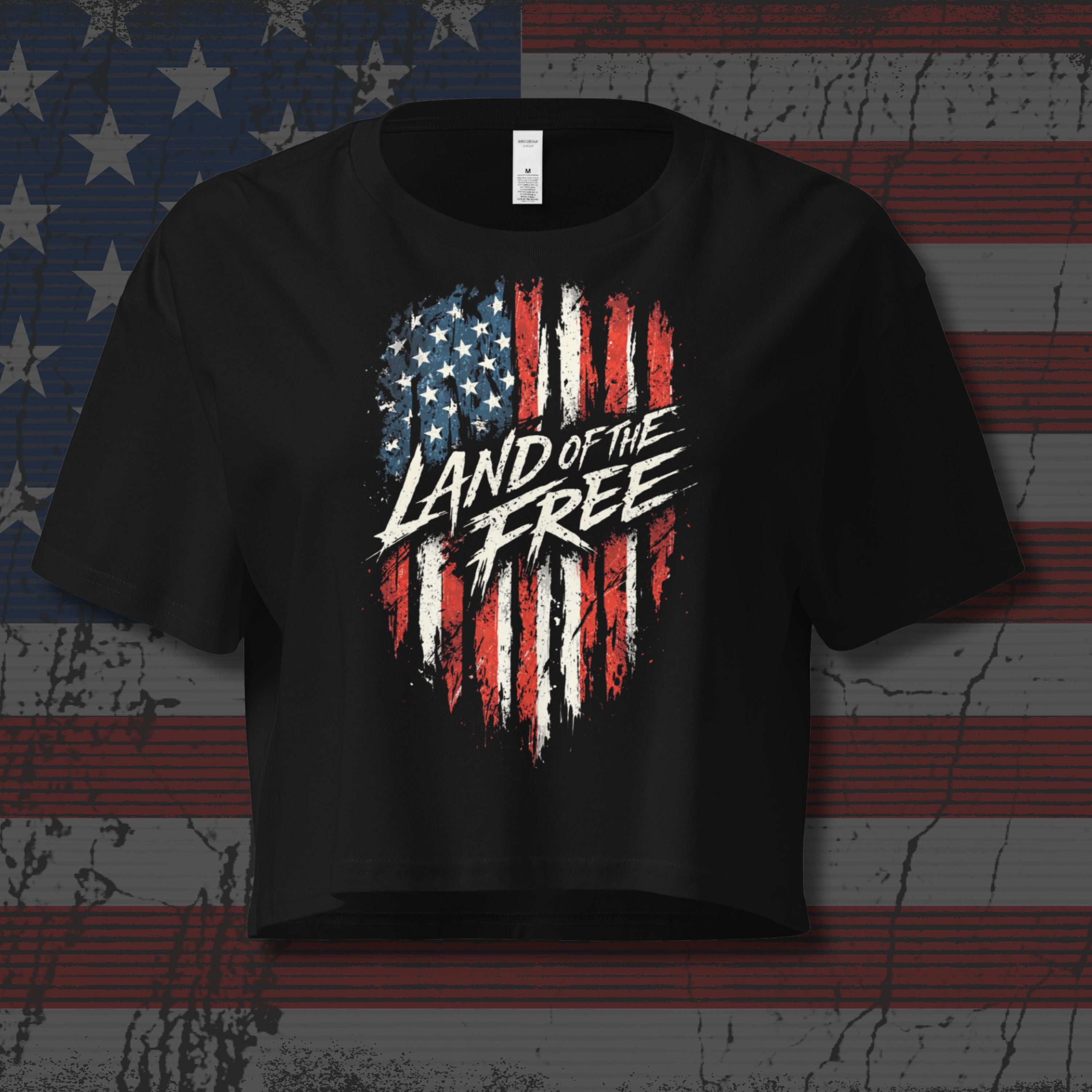 Black t-shirt with American flag design and 'Land of the Free' text on a distressed American flag background.