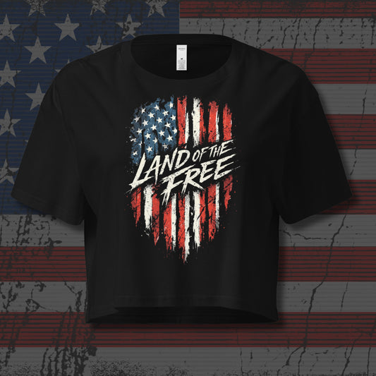 Black t-shirt with American flag design and 'Land of the Free' text on a distressed American flag background.