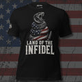 American flag rattlesnake with Land of the Infidel text front print black tee from Infidel Collective