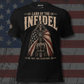 Land of the Infidel hooded knight in American flag cloak front print black tee from Infidel Collective