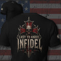 Infidel Last to Kneel skull and bladed cross back print black tee from Infidel Collective