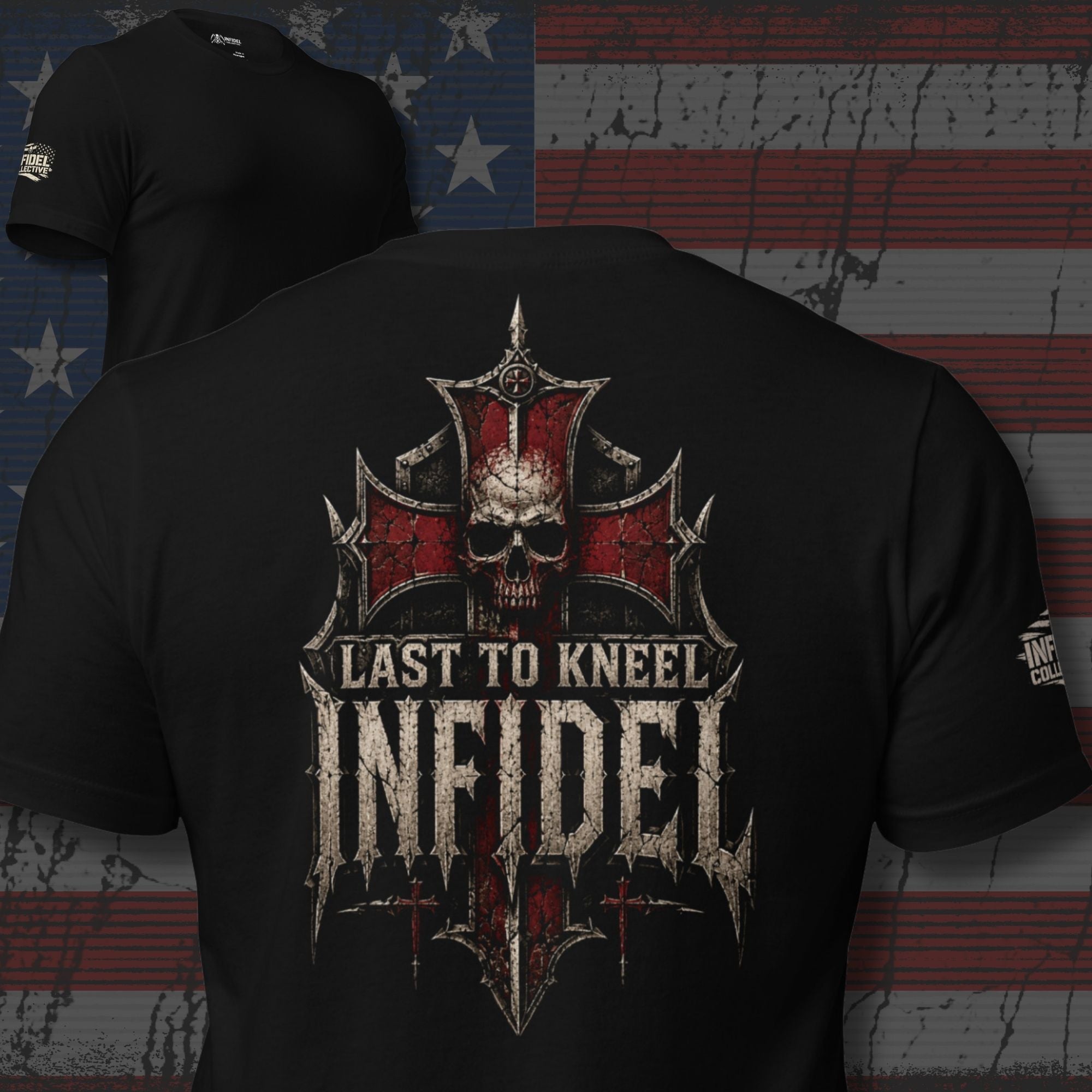 Last to Kneel Infidel Cross Back Print Tee