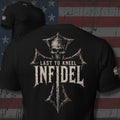 Infidel Last to Kneel distressed iron cross back print black tee from Infidel Collective