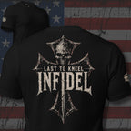 Last to Kneel Infidel skull helm iron cross back print black tee from Infidel Collective