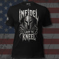 Infidel Last to Kneel armored warrior with chains front print black tee from Infidel Collective