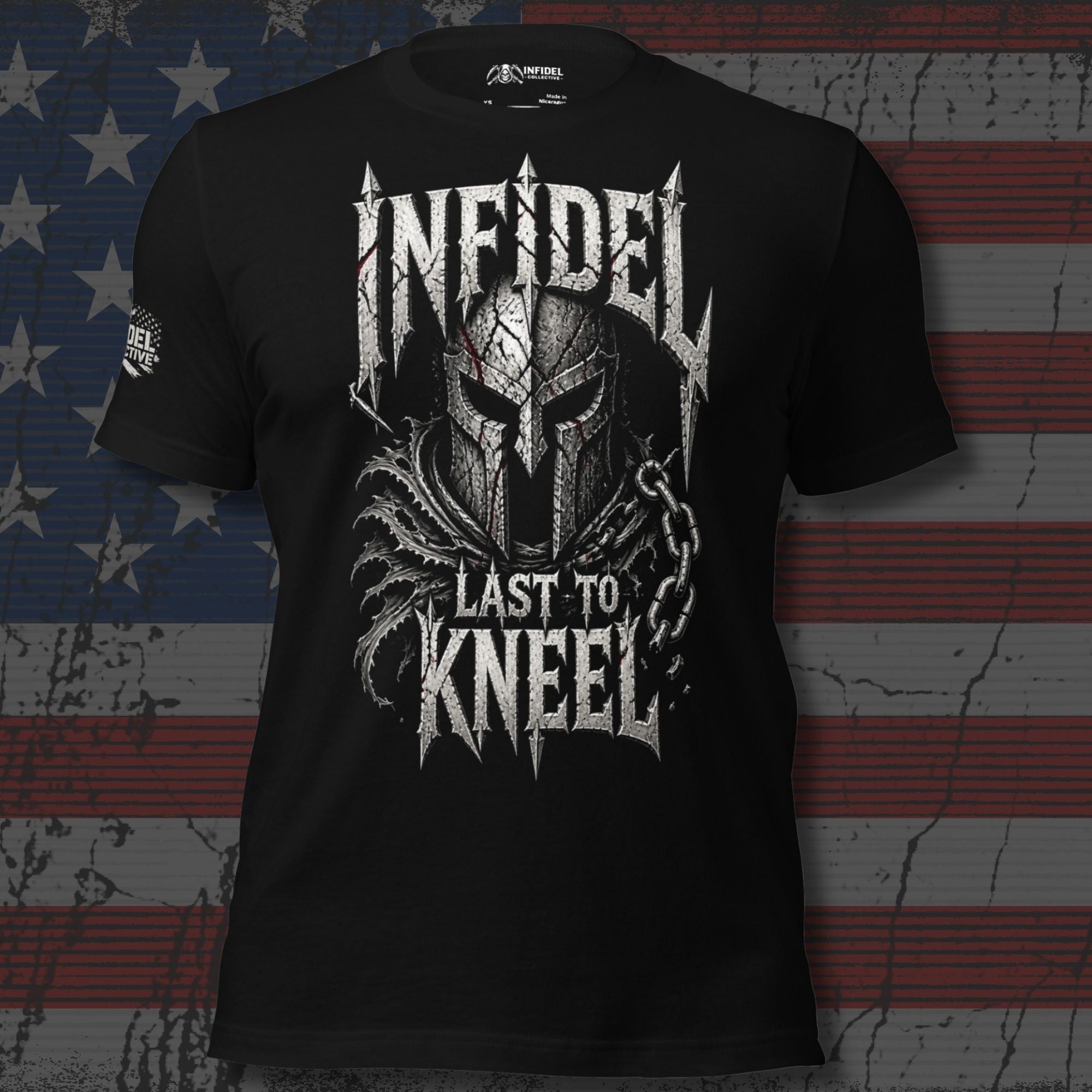 Last to Kneel Infidel warrior graphic black tee from Infidel Collective