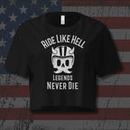 Black t-shirt with skull and text design that says 'Ride Like Hell Legends Never Die' on a distressed American flag background