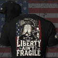 Liberty Ain't Fragile cracked bell skull serpent and American flag back print black tee from Infidel Collective