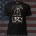 Liberty Ain't Soft hooded reaper and Liberty Bell front print black tee from Infidel Collective