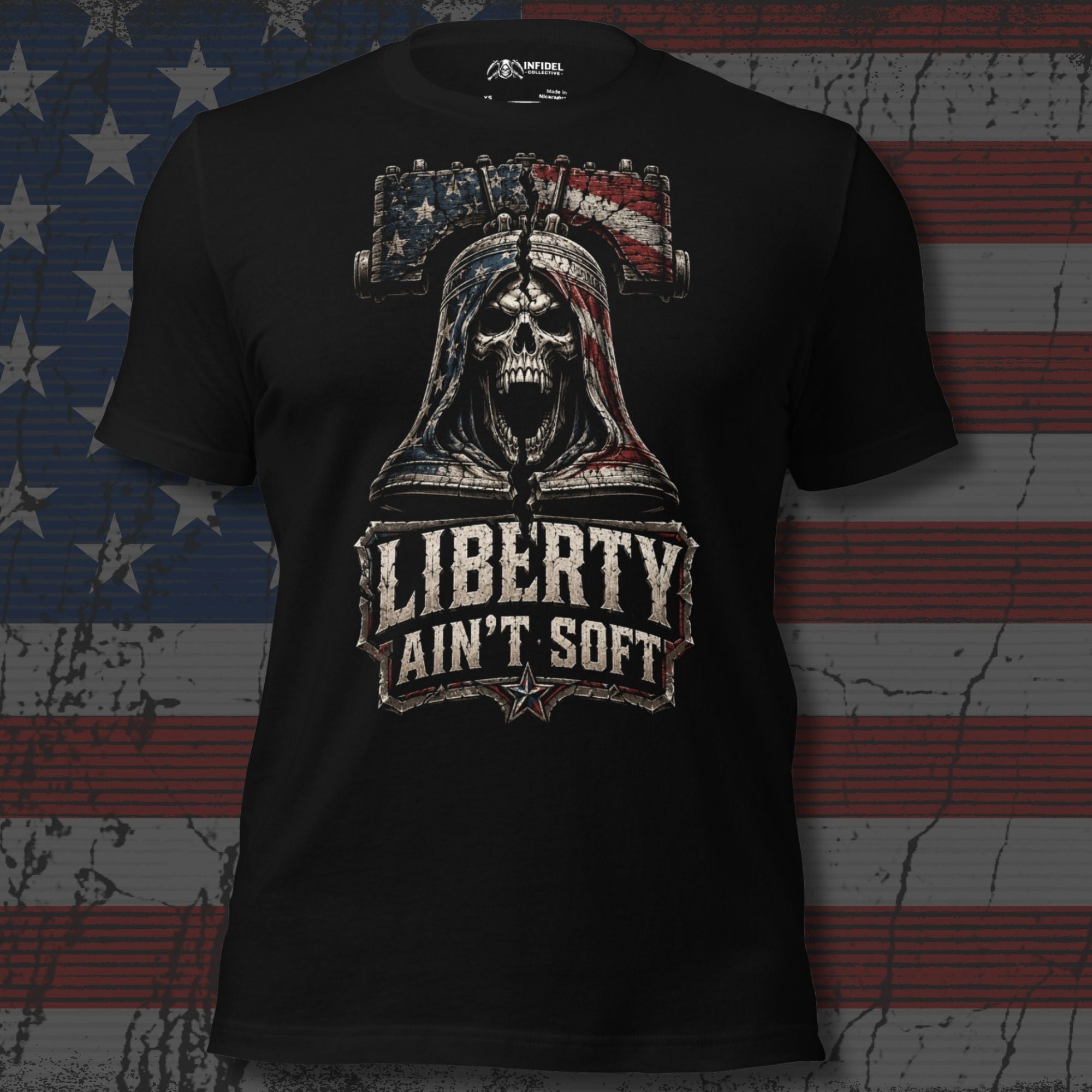Black tee with front print featuring a skull integrated into the Liberty Bell, distressed American flag graphic, and the text Liberty Ain't Soft