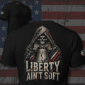 Liberty Ain't Soft hooded reaper and Liberty Bell back print black tee from Infidel Collective