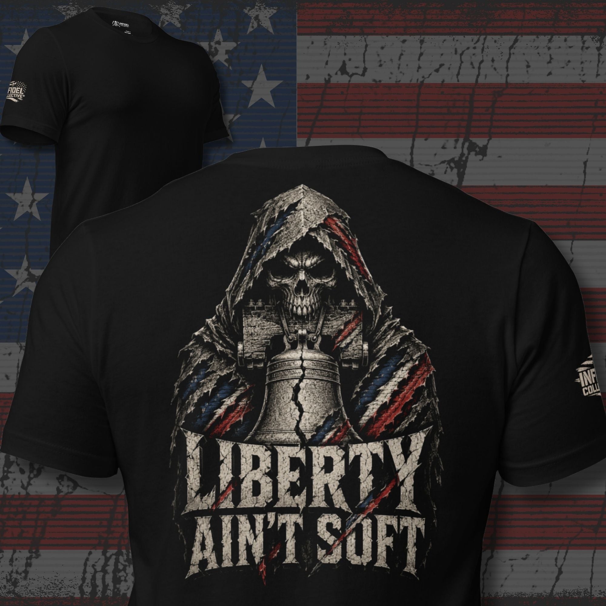 Black tee with back print featuring a hooded skull, Liberty Bell, distressed patriotic graphics, and the text Liberty Ain't Soft