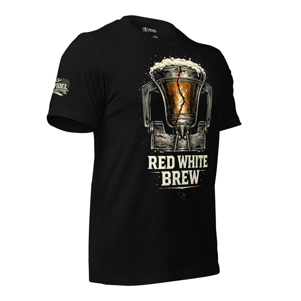 Black t-shirt with 'Red White Brew' graphic design on a white background