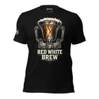 Black t-shirt with graphic design of liberty bell holding beer and text 'RED WHITE BREW' on a white background
