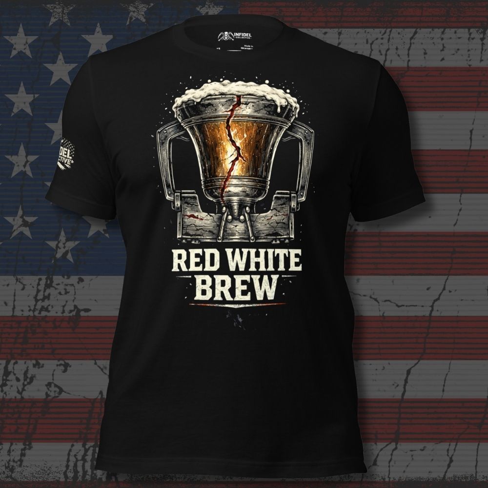 Black t-shirt with 'Red White Brew' graphic design on an American flag background