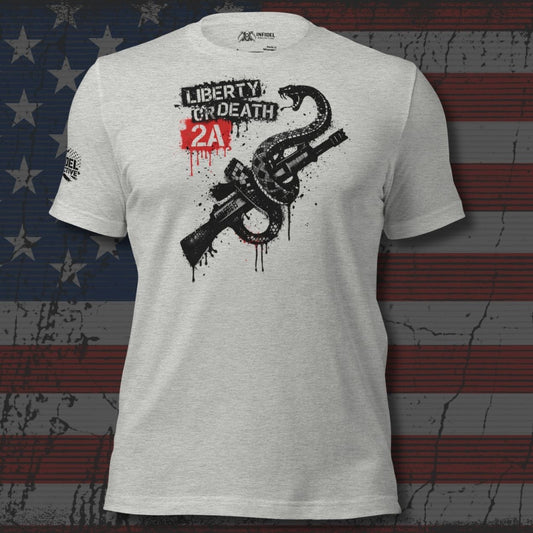 White t-shirt with graphic design and text on an American flag background