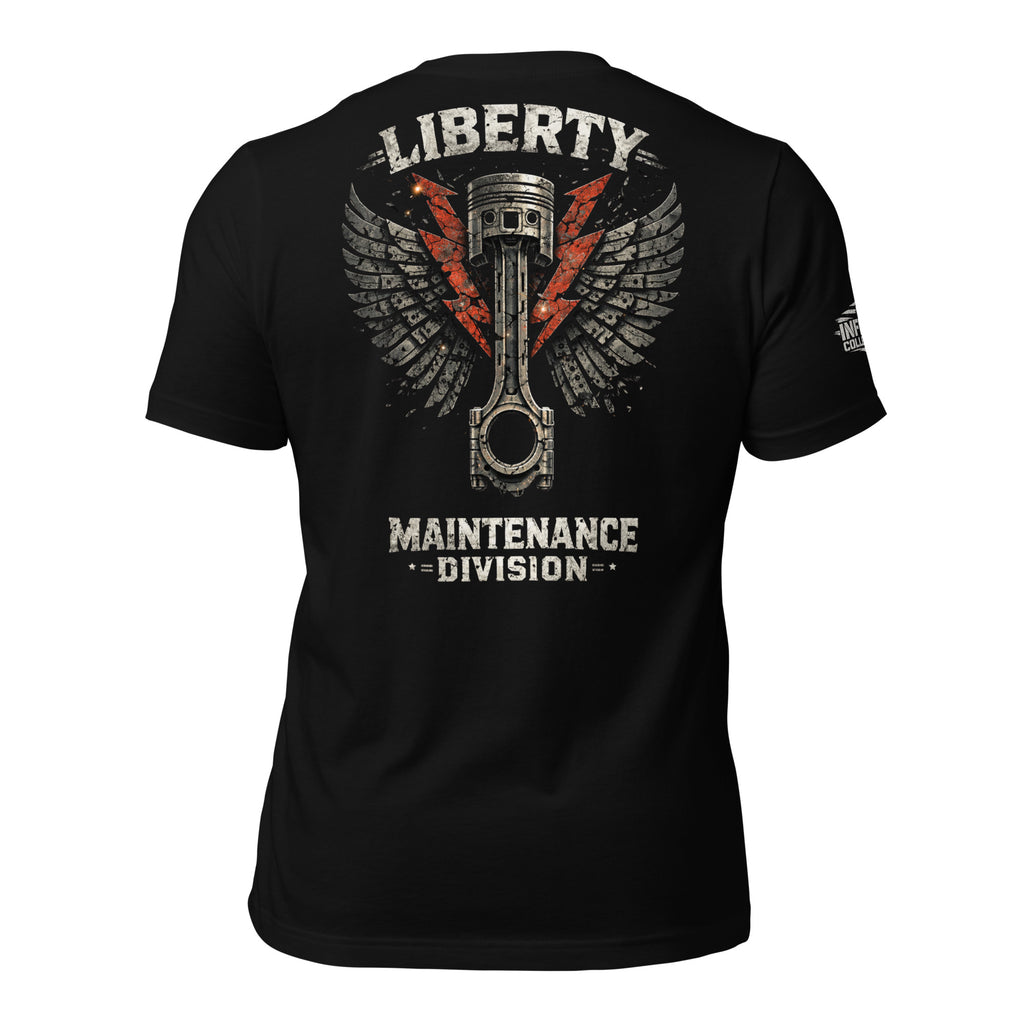 Liberty Maintenance Division piston wings back print black tee from Infidel Collective