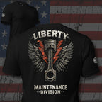 Liberty Maintenance Division piston wings back print black tee from Infidel Collective