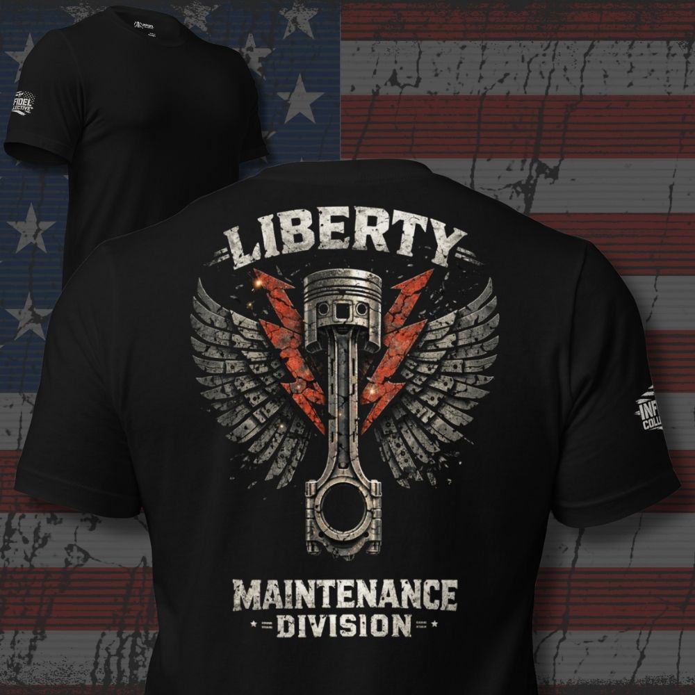 Liberty Maintenance Division piston wings back print black tee from Infidel Collective