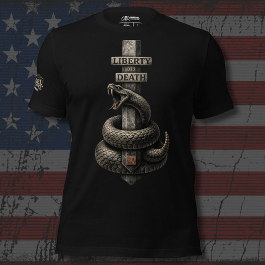Black t-shirt with snake and cross design against an American flag background