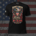 Liberty Queen eagle American flag shield and roses front print black tee from Infidel Collective