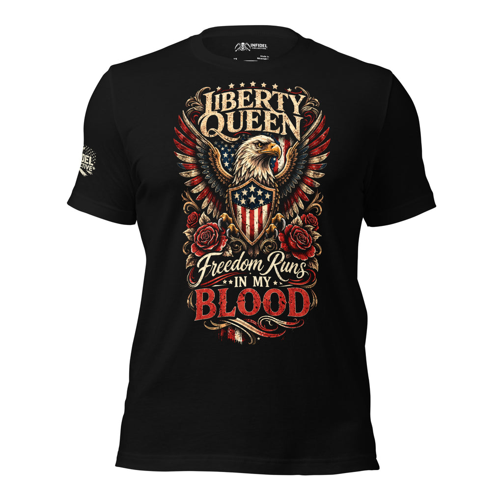 Black t-shirt with an eagle and text design on a white background