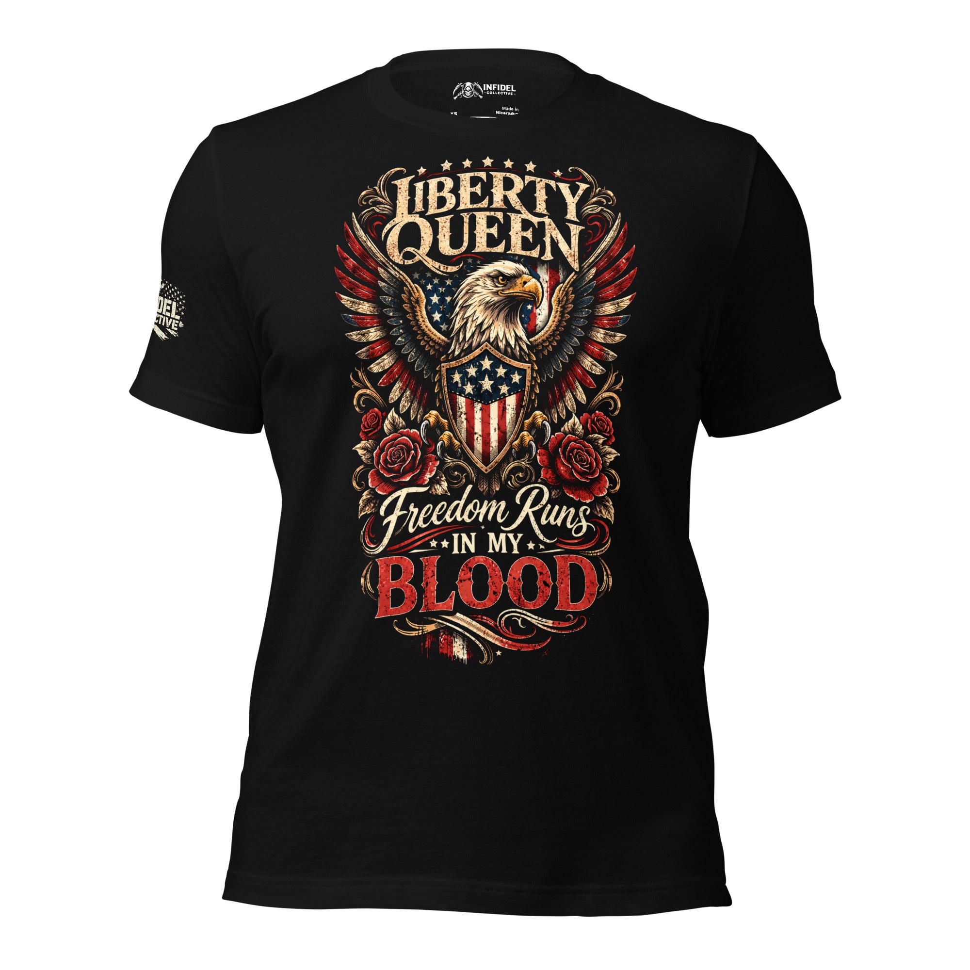 Black t-shirt with an eagle and text design on a white background