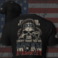 Liberty Taught This Girl Mean skull and rattlesnake back print black tee from Infidel Collective
