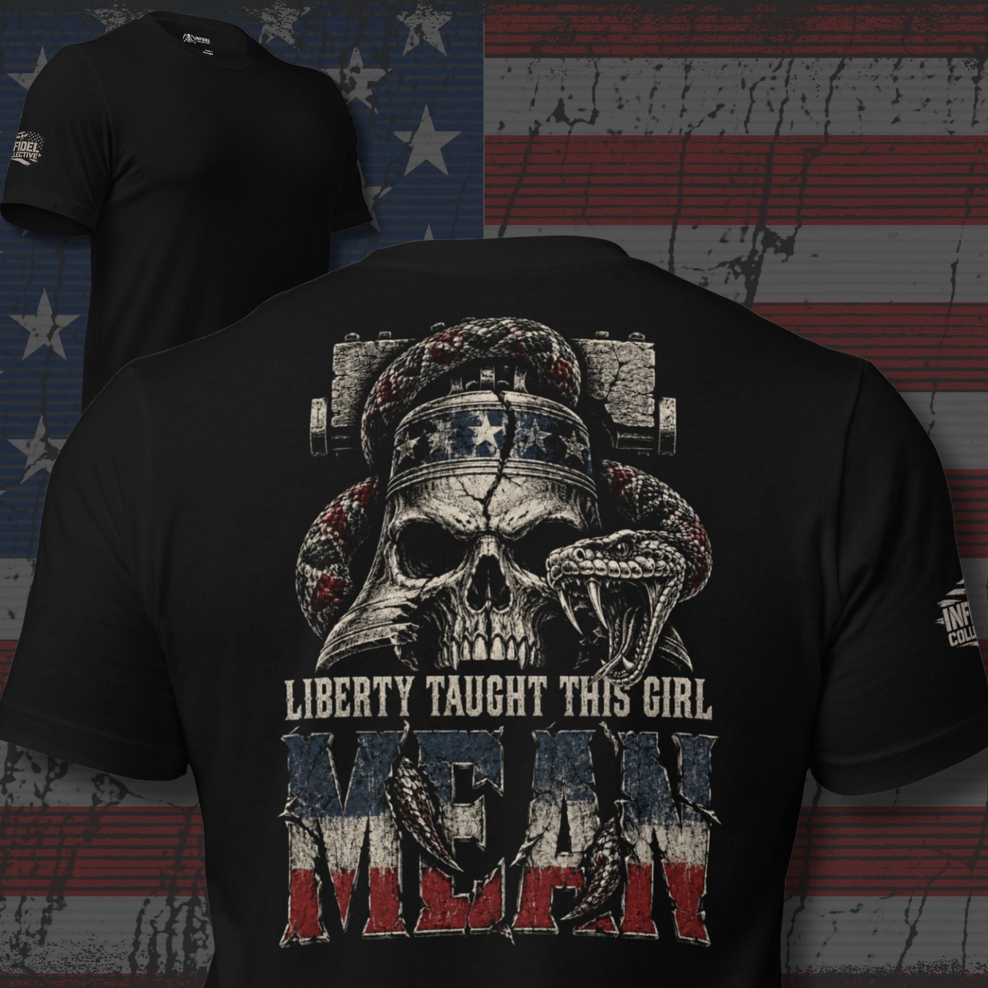 Liberty Taught This Girl Mean skull liberty bell and rattlesnake graphic black tee from Infidel Collective