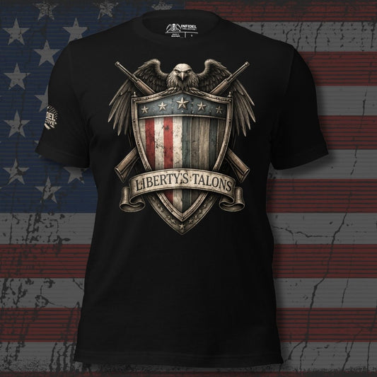 Black t-shirt with an eagle and shield design on a distressed American flag background
