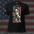 Made in America woman with American flag sunglasses front print black tee from Infidel Collective