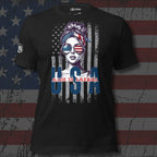 Made in America USA patriotic women’s front print black heather tee from Infidel Collective