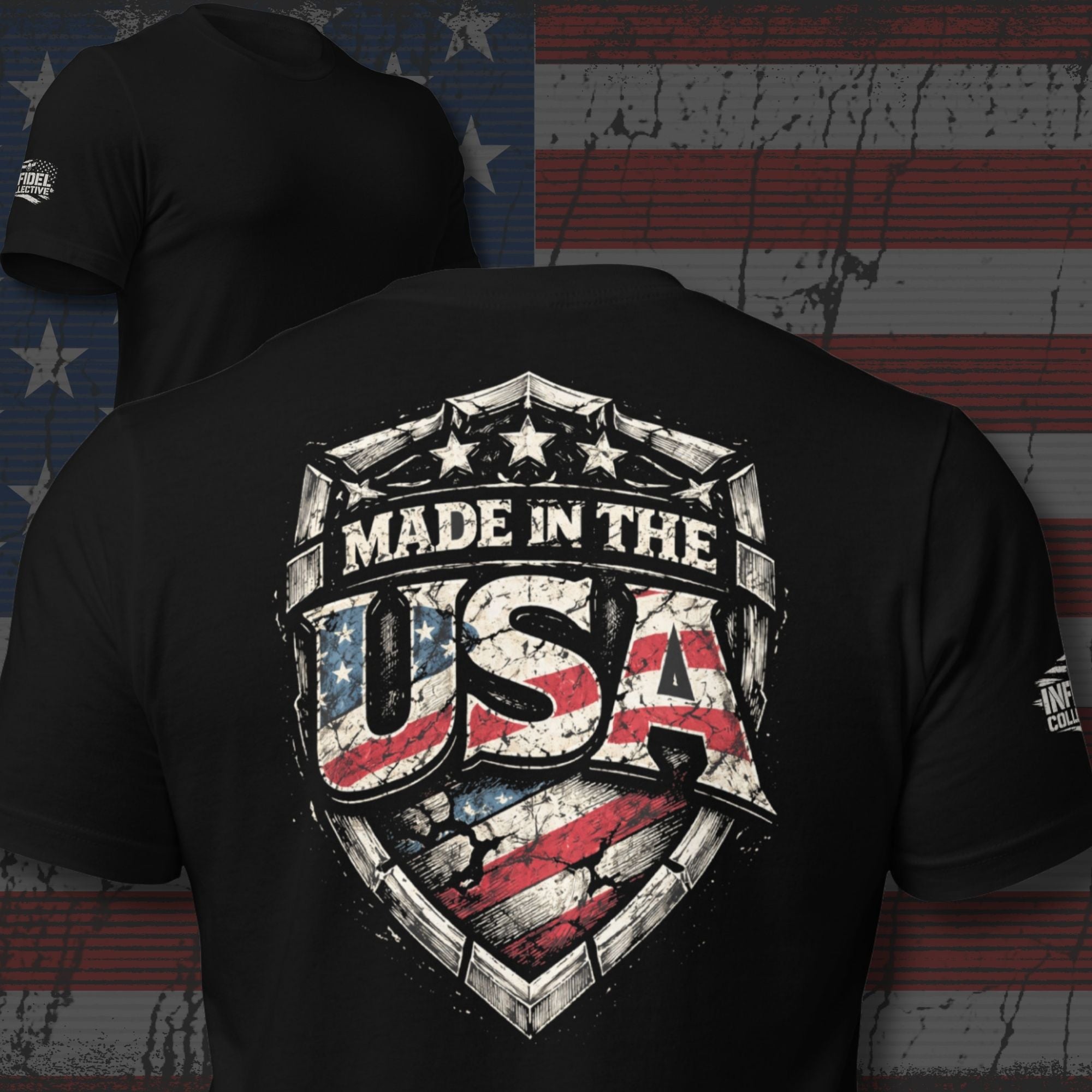 Black t-shirt with 'Made in the USA' design on a flag background