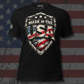 Made in the USA American flag shield front print black tee from Infidel Collective