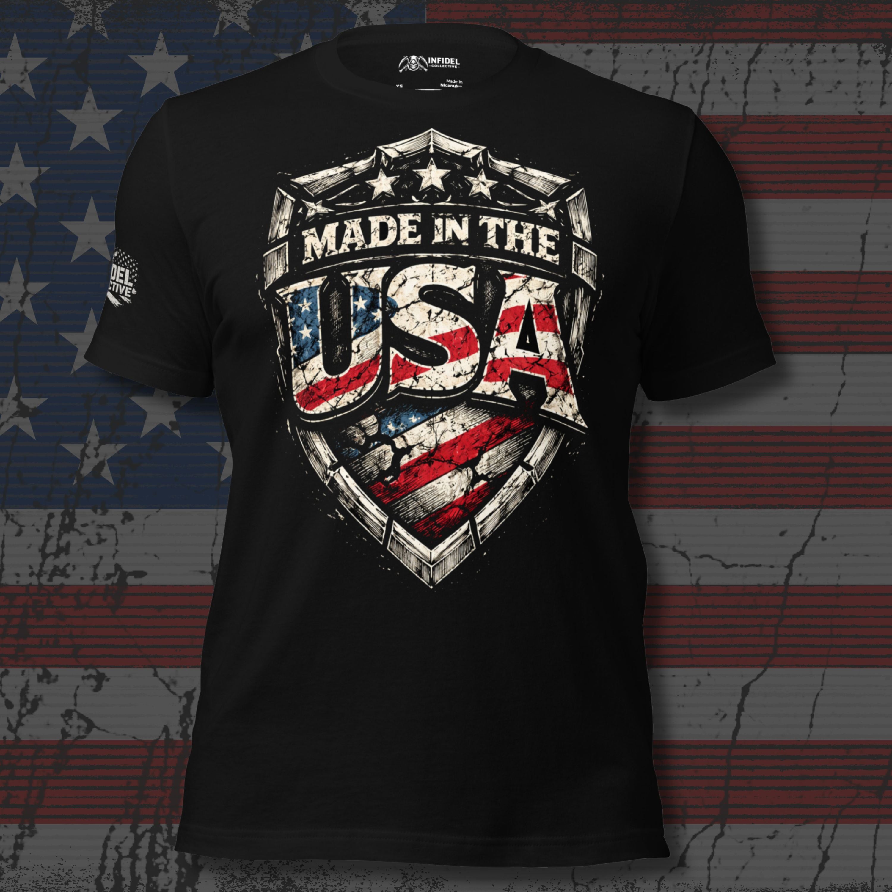 Made in the USA shield front print black tee from Infidel Collective