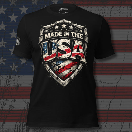 Made in the USA American flag shield front print black tee from Infidel Collective