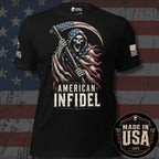 A black short-sleeve graphic T-shirt displayed against a distressed American flag background. The shirt features a grim reaper holding an American flag scythe, with the words 'AMERICAN INFIDEL' printed below in large white letters.