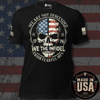 A black short-sleeve graphic T-shirt displayed against a distressed American flag background. The front graphic shows a skull split with an American flag pattern, surrounded by the text 'WE ARE NOT DESCENDED FROM FEARFUL MEN' and 'WE THE INFIDEL'. An American USA flag on the left sleeve and the brand loo on the right sleeve 'INFIDEL COLLECTIVE' - and logo confirming this product is MADE IN USA.