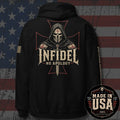 USA-made black pullover hoodie featuring Death Mask Infidel No Apology back-print design