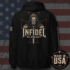 USA-made black pullover hoodie featuring Death Mask Infidel No Apology back-print design