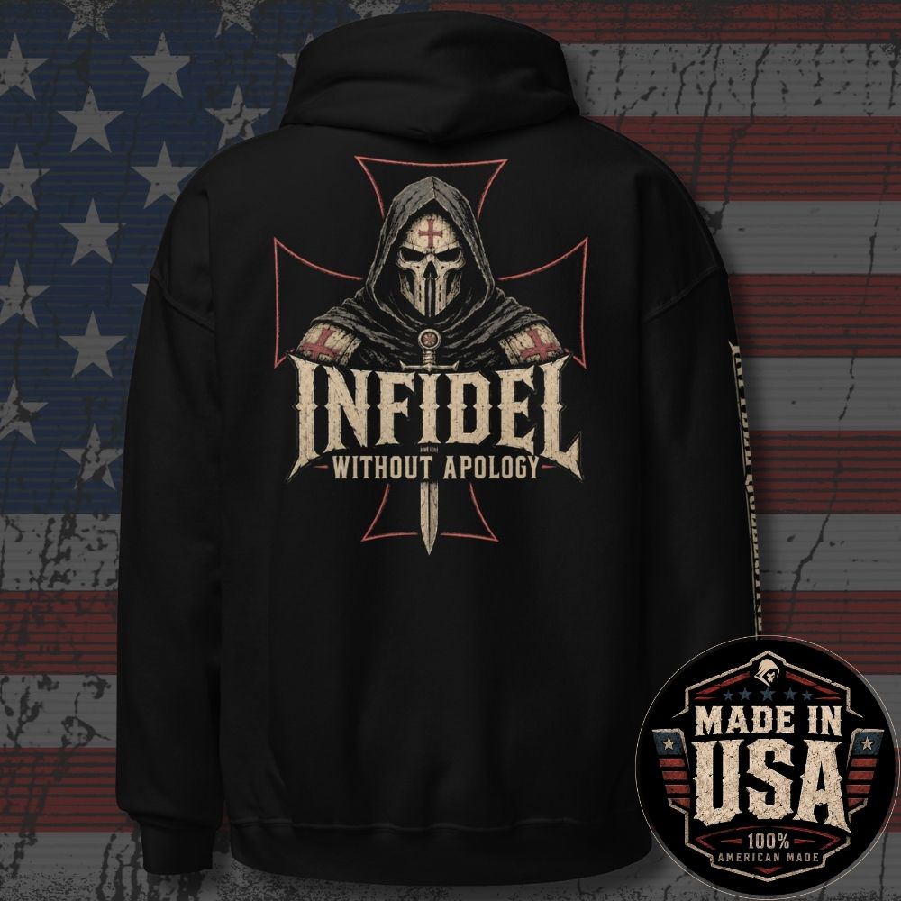 Black pullover hoodie shown from the back, featuring a large graphic of a hooded grim reaper with a sword and the text 'INFIDEL WITHOUT APOLOGY' over a red Maltese cross. The hoodie is displayed against a distressed American flag background, with a circular 'MADE IN USA 100% AMERICAN MADE' badge in the lower right corner.