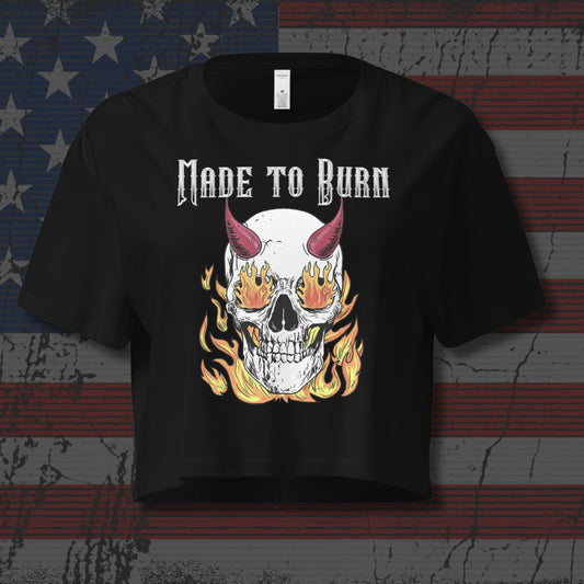 Black t-shirt with a skull design and 'Made to Burn' text on a distressed American flag background.