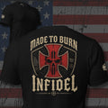 Made to Burn Infidel red skull cross and scripture design back print black tee from Infidel Collective