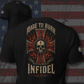 Made to Burn skull iron cross and flames back print black tee from Infidel Collective