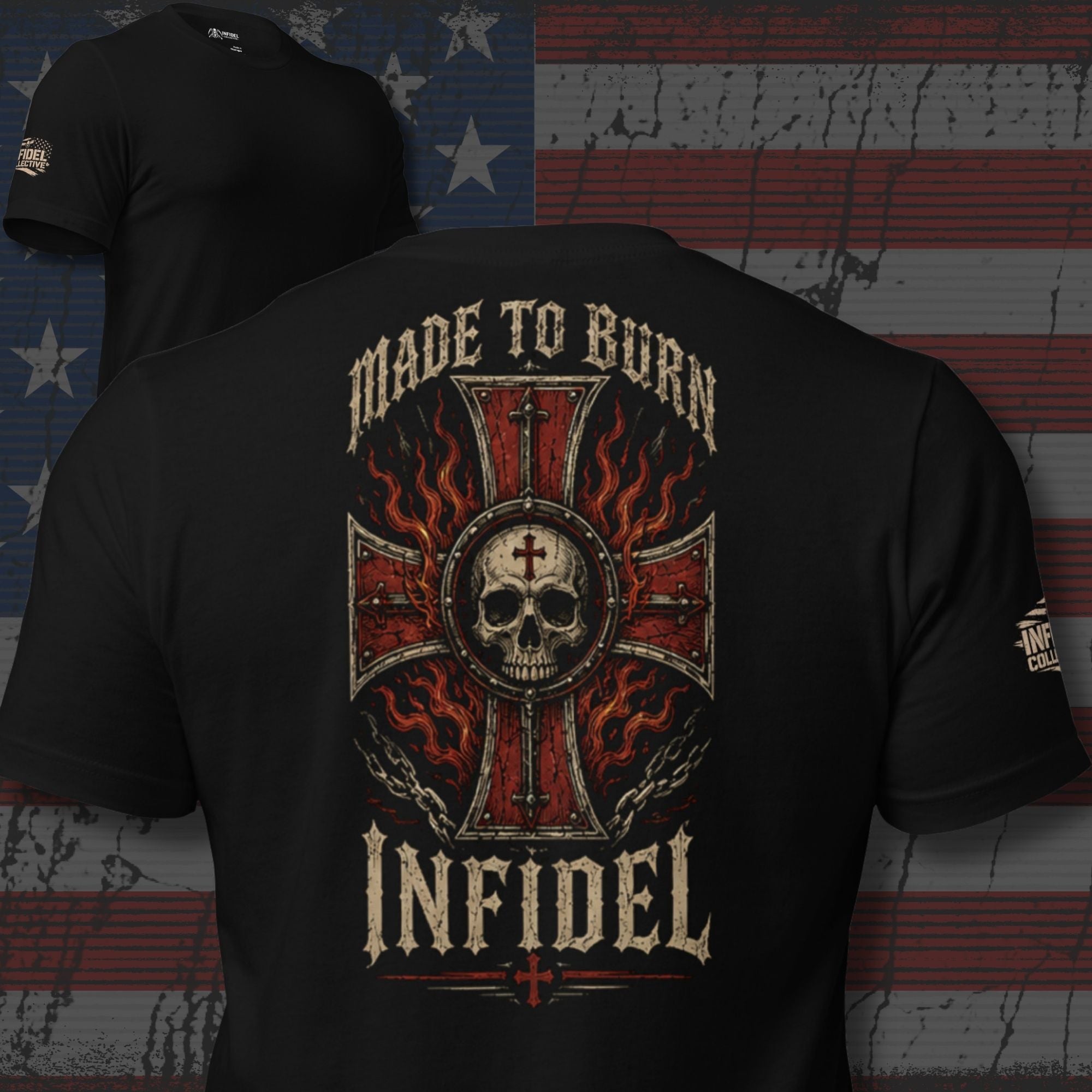Made to Burn Infidel skull cross back print black tee from Infidel Collective