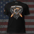 Made to Burn turbocharger and crossed injectors front print black tee from Infidel Collective