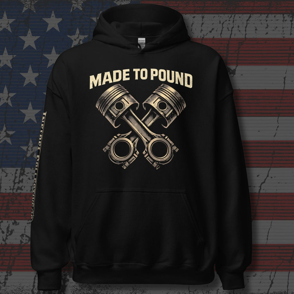 Made to Pound crossed pistons front print black hoodie from Infidel Collective