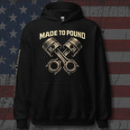 Made to Pound crossed pistons front print black hoodie from Infidel Collective