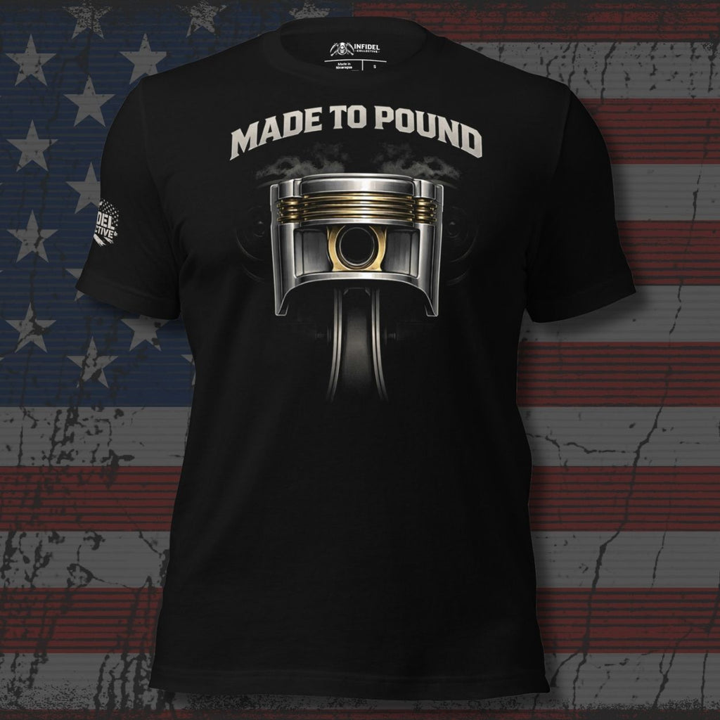 Black t-shirt with a piston graphic and 'Made to Pound' text on an American flag background