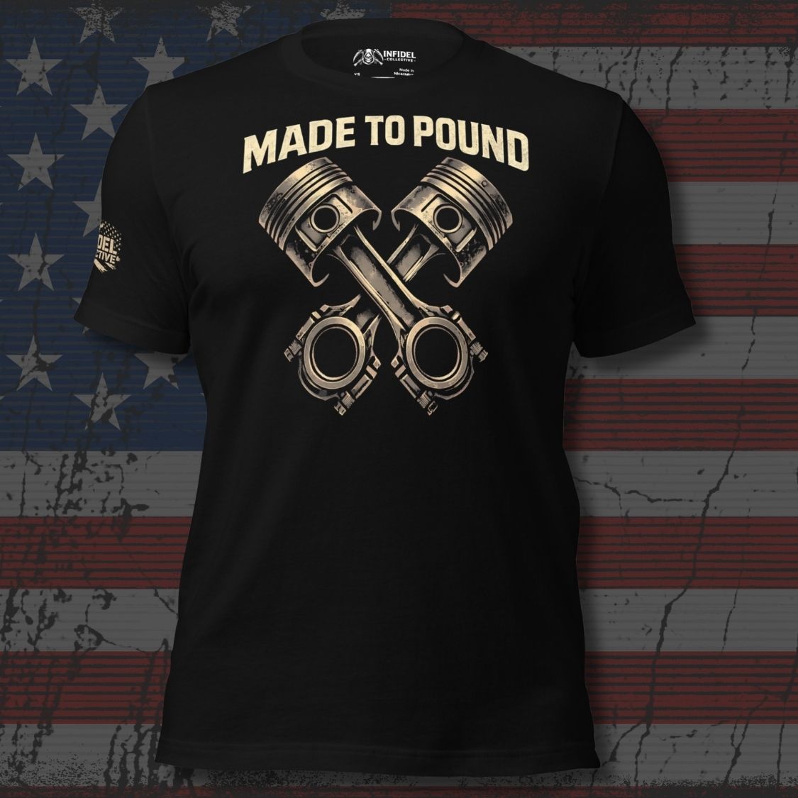 Black t-shirt with crossed pistons graphic and 'MADE TO POUND' text on an American flag background